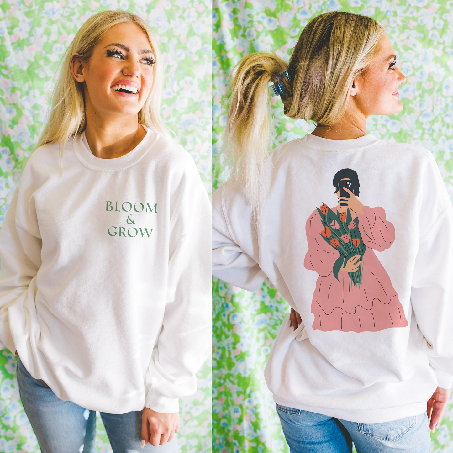 Green Bloom and Grow Floral Selfie Sweatshirt