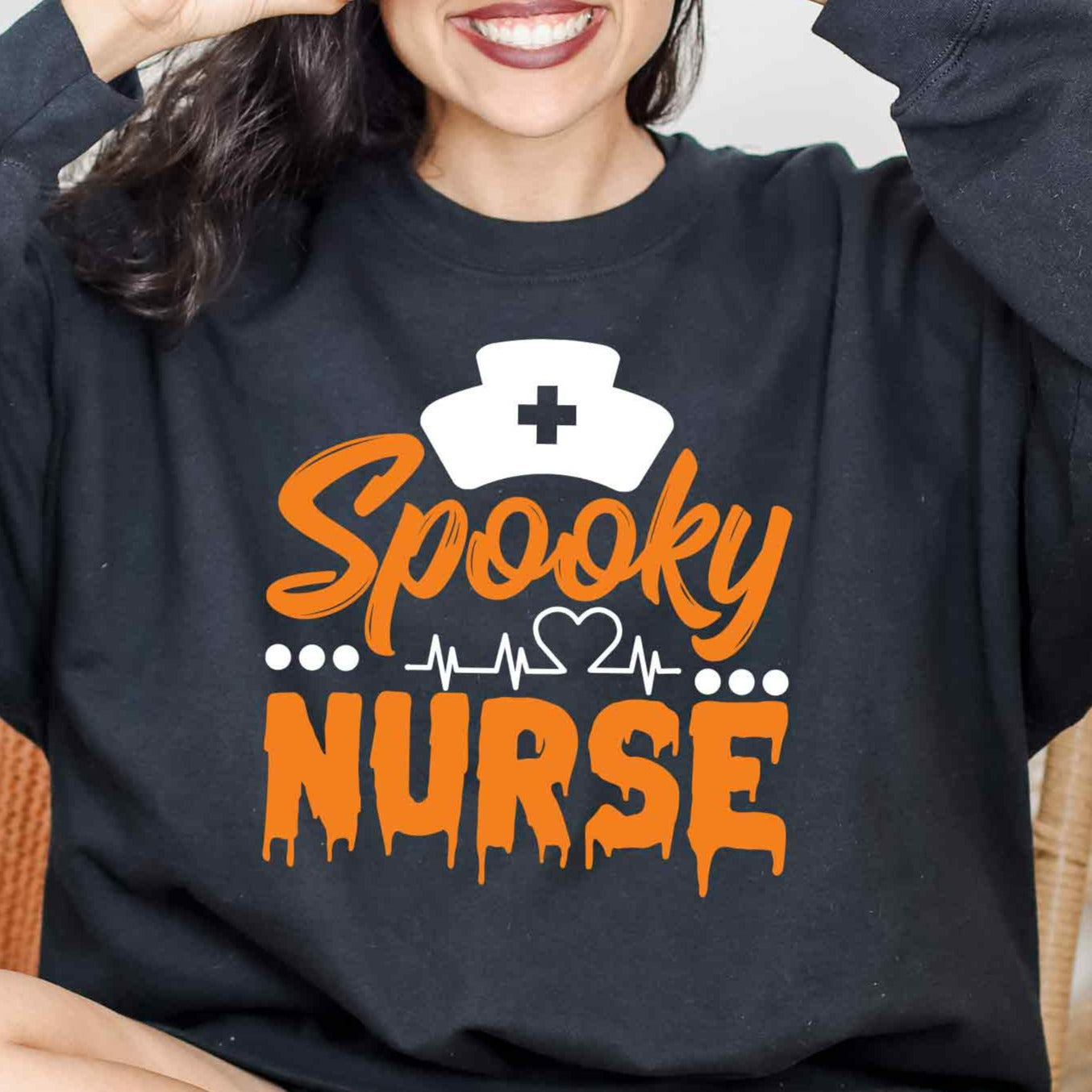 Spooky Nurse Droopy Font and Heartbeat Sweatshirt