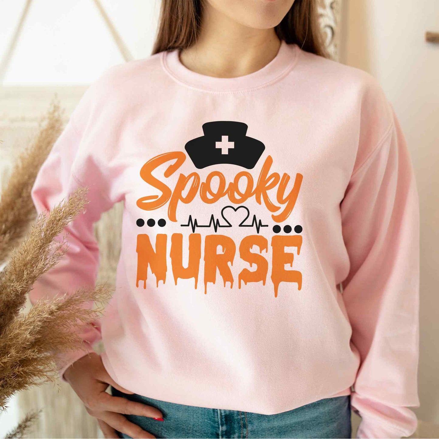 Spooky Nurse Droopy Font and Heartbeat Sweatshirt
