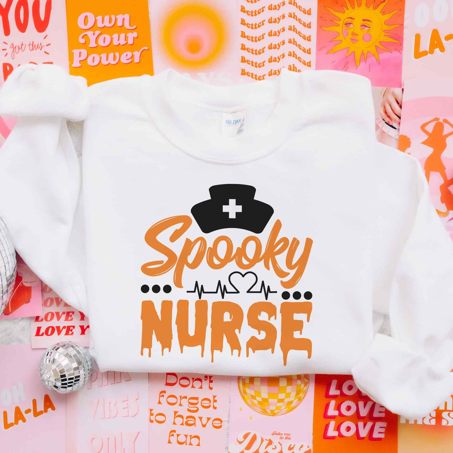 Spooky Nurse Droopy Font and Heartbeat Sweatshirt