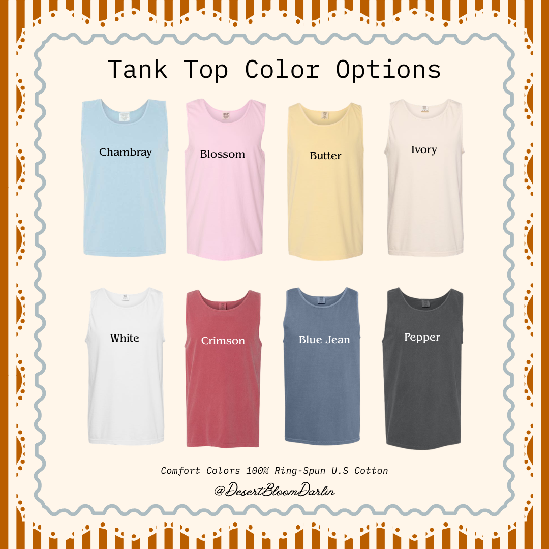 a collection of tank tops in various colors, including blue, pink, yellow, white, red, blue jeans, and black.