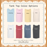 a collection of tank tops in various colors, including blue, pink, yellow, white, red, blue jeans, and black.