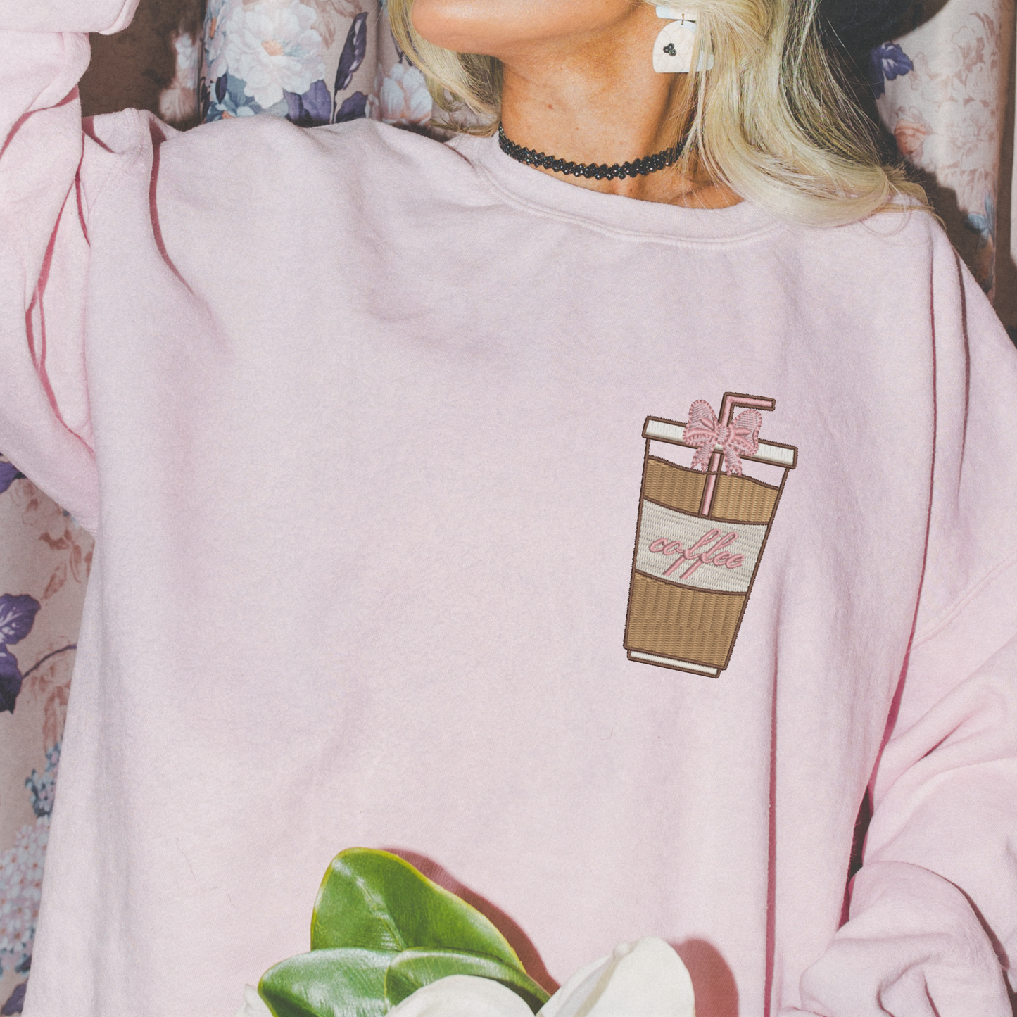 Embroidered Girly Pink Bow Iced Coffee Script Crewneck Sweatshirt
