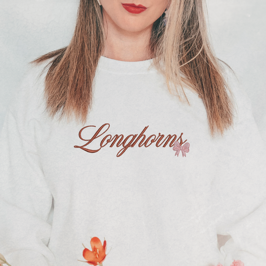 Embroidered Girly Pink Bow Longhorns Script Crewneck Sweatshirt