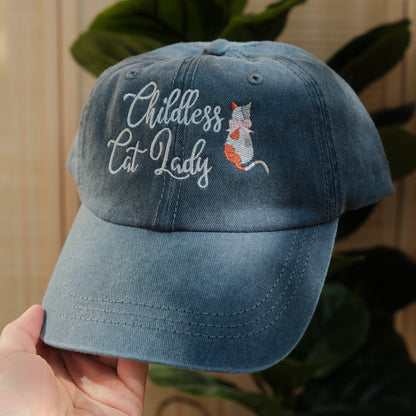 Childless Cat Lady in a Vintage Blue Dad hat from the side