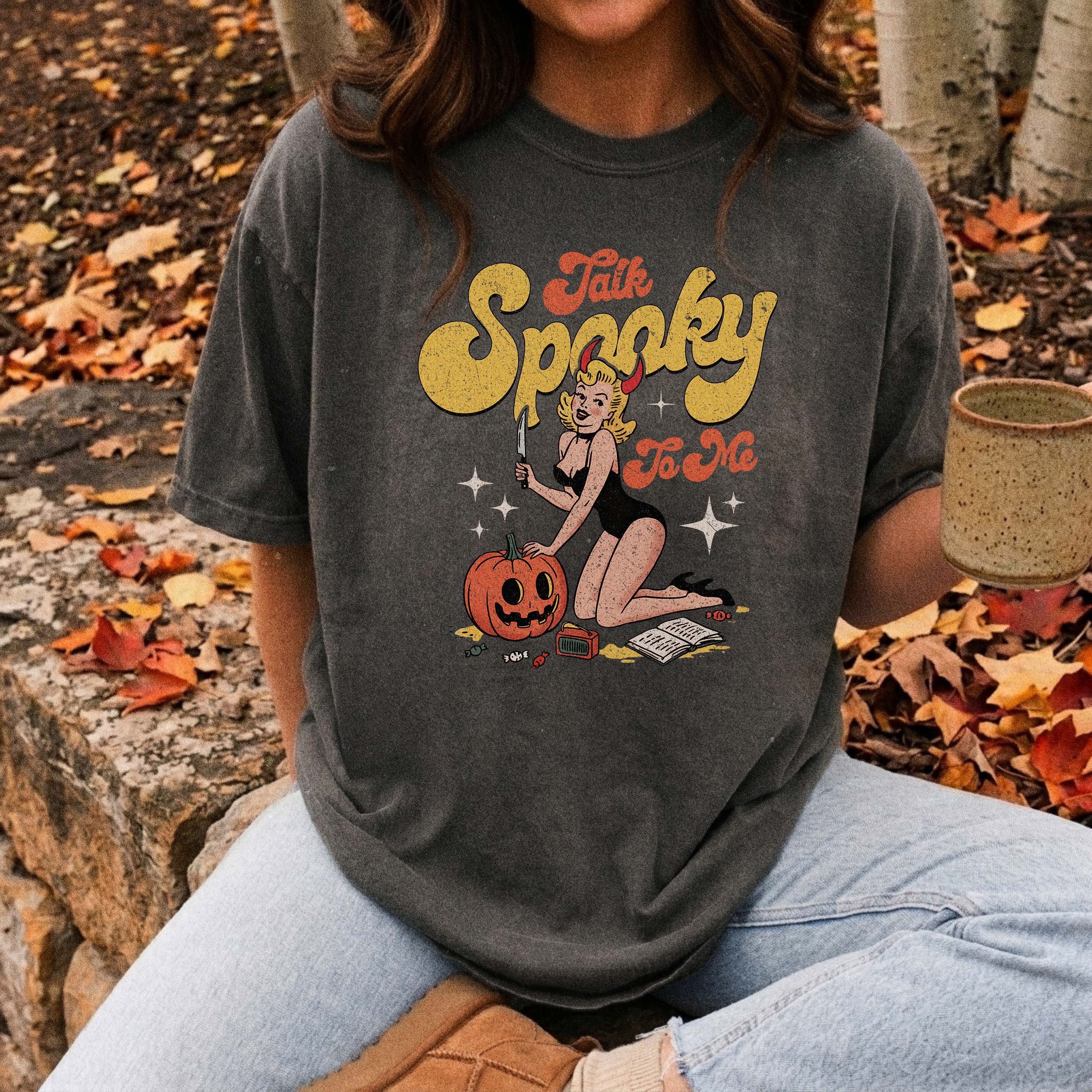 Talk Spooky To Me Halloween Pinup Girl T-Shirt