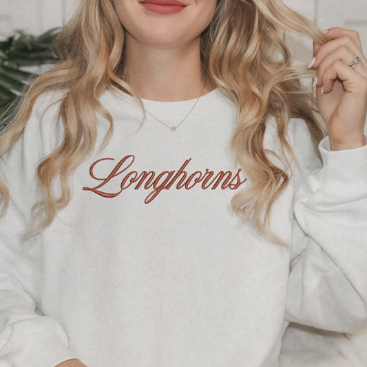 Embroidered Longhorns Script Crewneck Sweatshirt