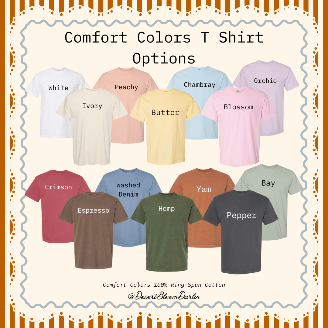 a variety of t-shirt colors and styles, including white, peach, chambray, orchid, butter, blossom, yam, bay, Crimson, washed denim, yam, Hemp, and pepper.