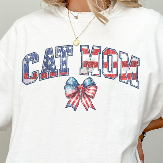 Distressed Fourth of July Cat Mom Bow T Shirt