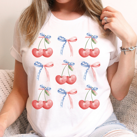 Fourth of July Coquette Cherries and Bows T Shirt
