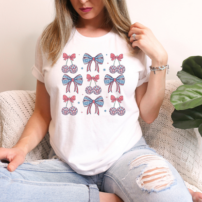 Fourth of July Coquette Disco Cherries and Bows T Shirt