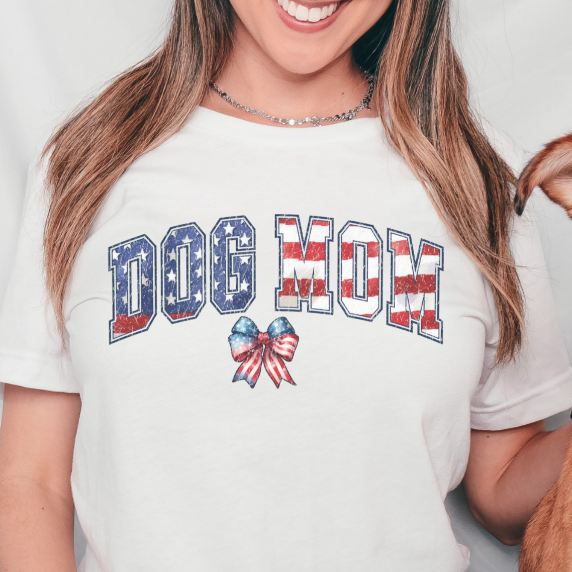 Distressed Fourth of July Dog Mom Bow T Shirt