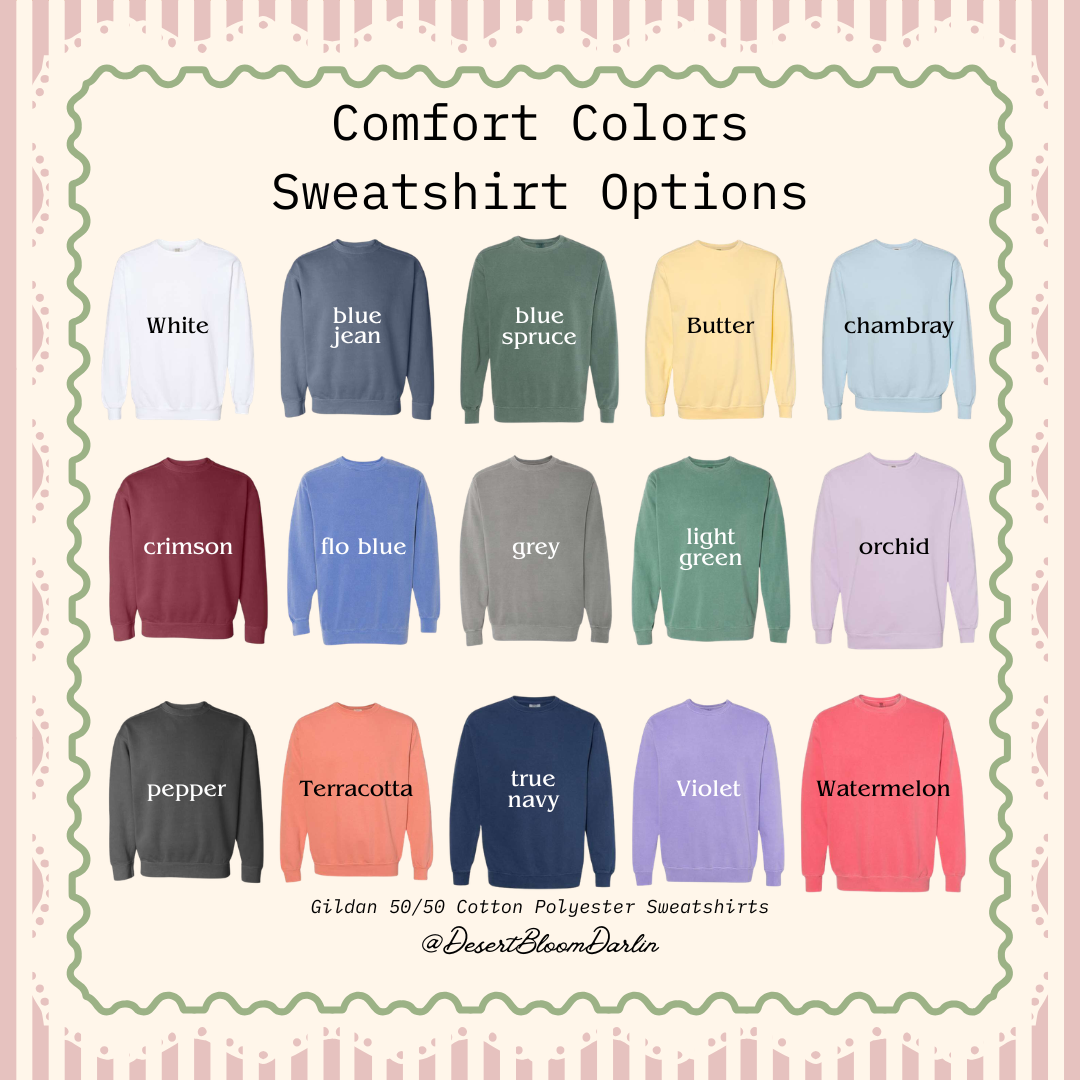 a collection of 12 different colored cotton polyester sweatshirts, each with a unique color and design.