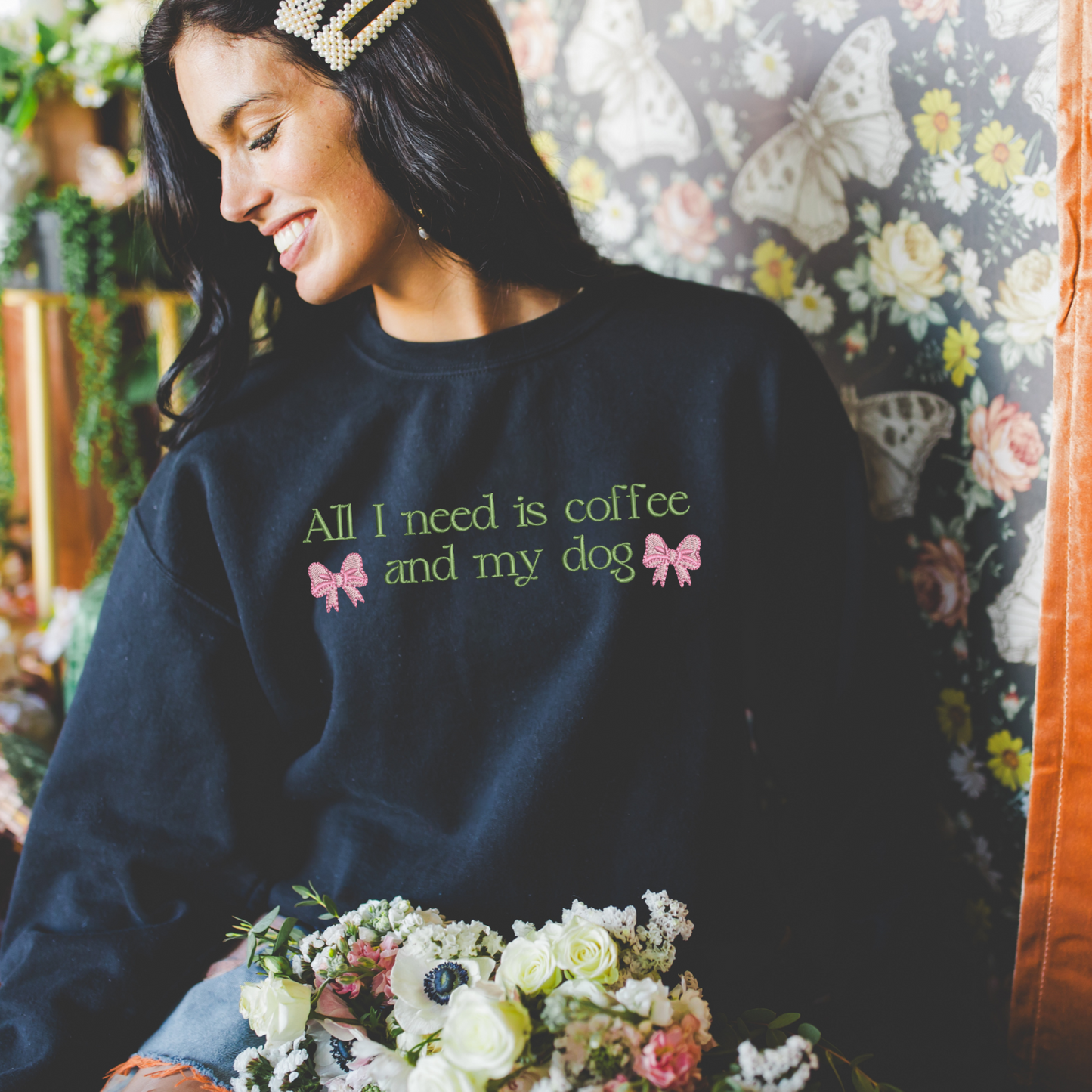 Embroidered All I need is Coffee and my Dog Pink Bow Crewneck Pullover