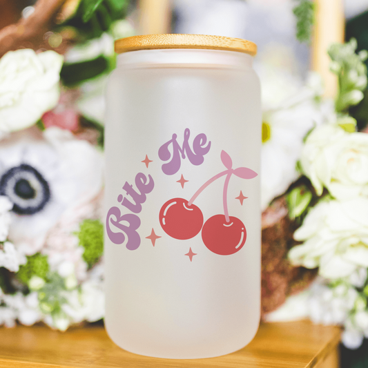 Playful 'Bite Me' Cherry 13 oz Frosted Libbey Glass Can