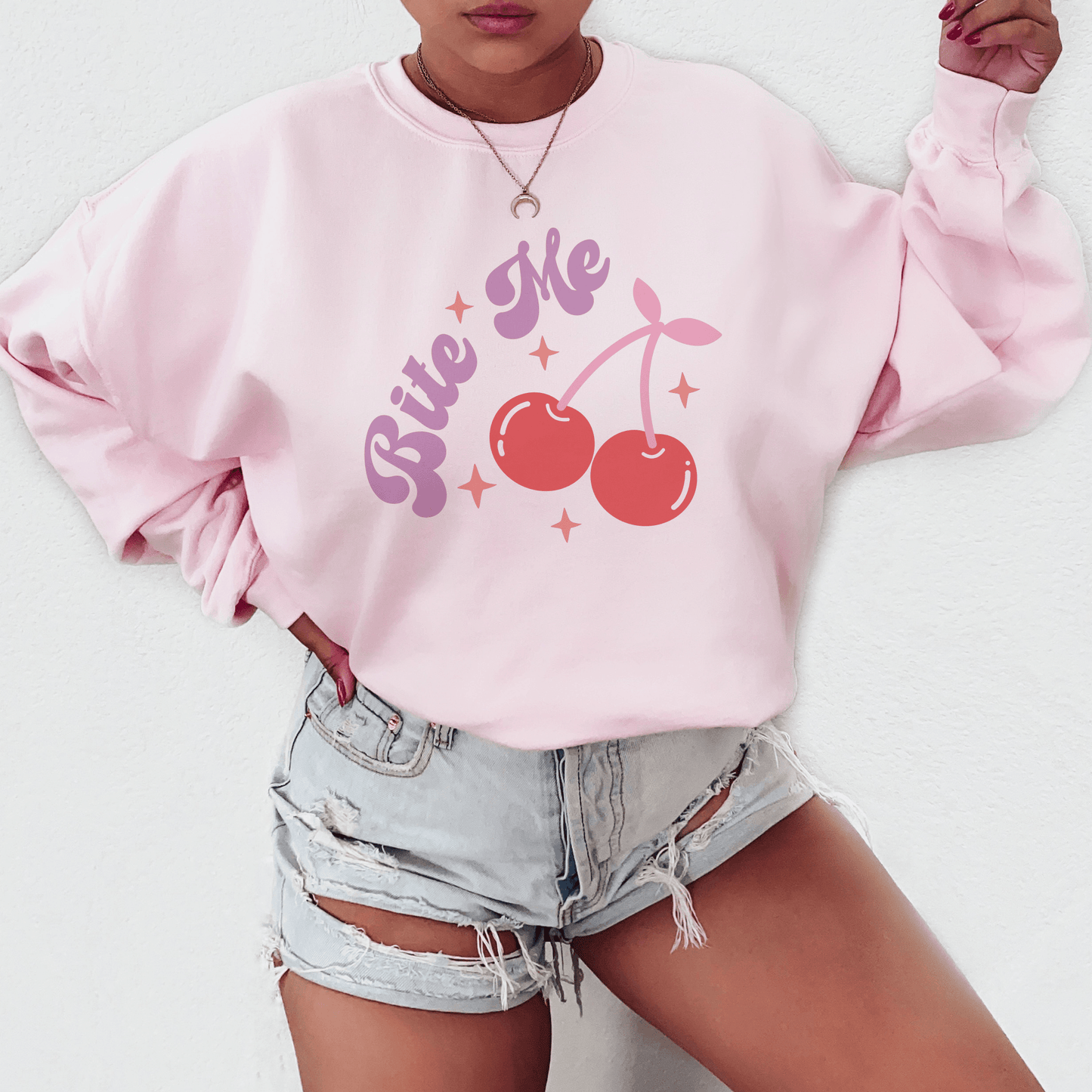 Playful 'Bite Me' Cherry Graphic Sweatshirt