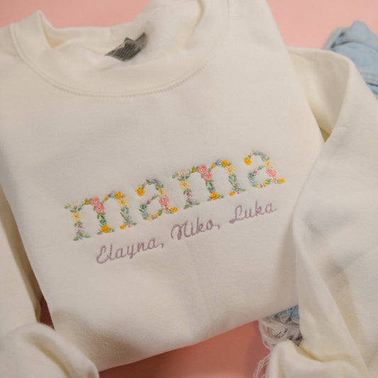 Embroidered Floral Mama Custom Crewneck Sweatshirt
