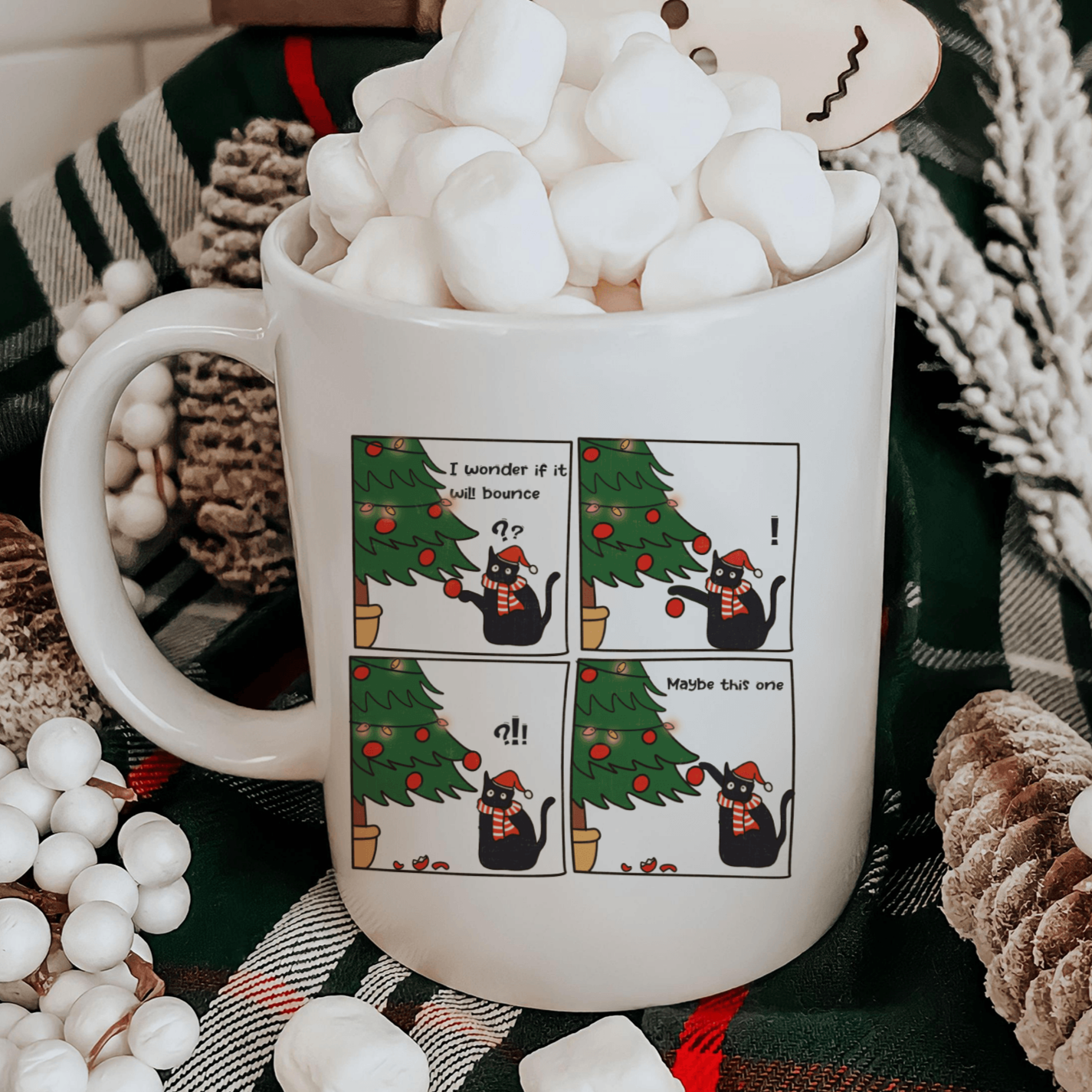 Mischief Cat and Christmas Tree Holiday 12 oz Ceramic Mug