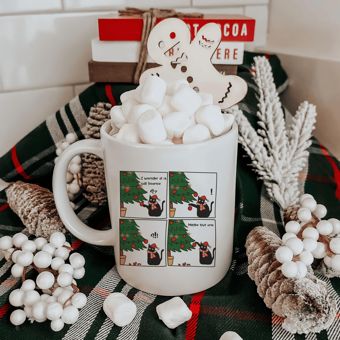 Mischief Cat and Christmas Tree Holiday 12 oz Ceramic Mug