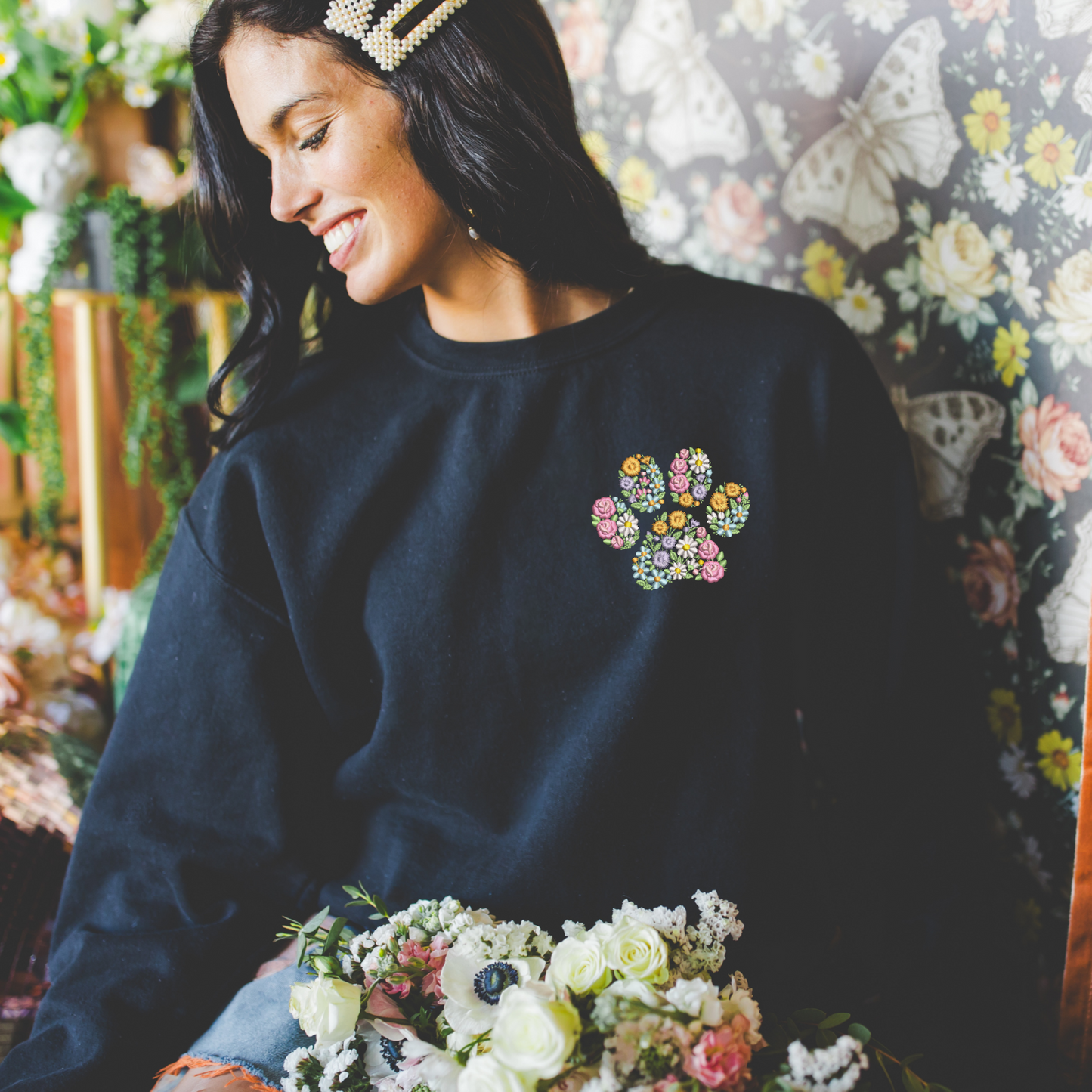 Embroidered Floral Paw Sweatshirt