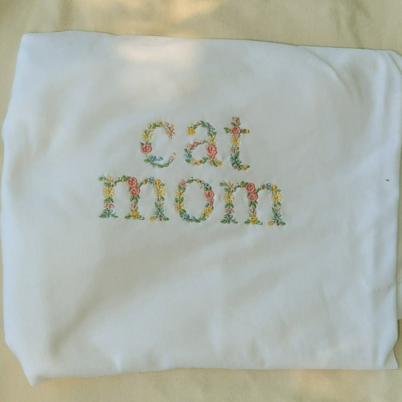 Embroidered Floral Cat Mom Crewneck Pullover
