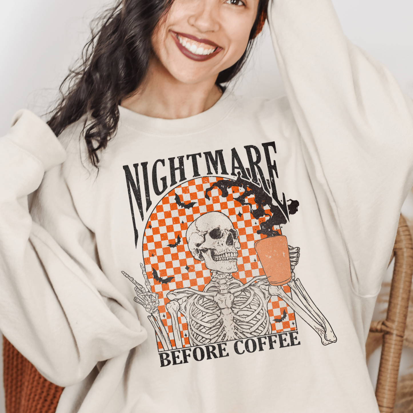 Orange Checkered Nightmare Before Coffee Skeleton Sweatshirt