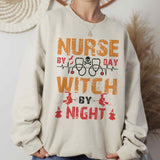 Distressed  Nurse By Day Witch By Night Skeleton and Heartbeat Sweatshirt