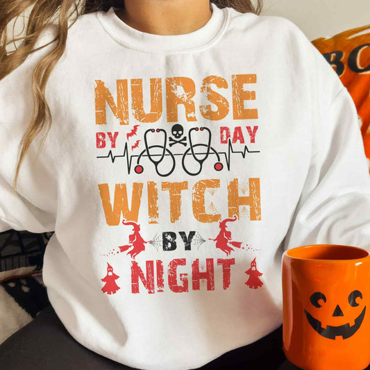 Distressed  Nurse By Day Witch By Night Skeleton and Heartbeat Sweatshirt