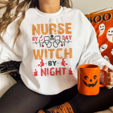 Distressed  Nurse By Day Witch By Night Skeleton and Heartbeat Sweatshirt