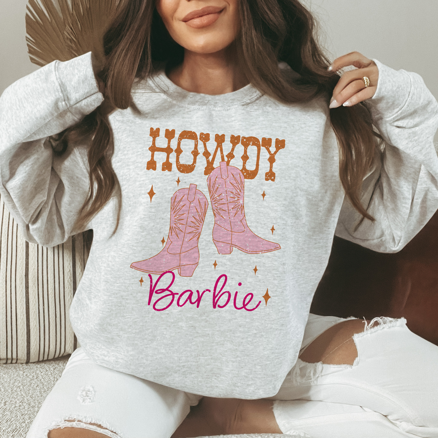 Pink and Orange Distressed Howdy Barbie Western Sweatshirt