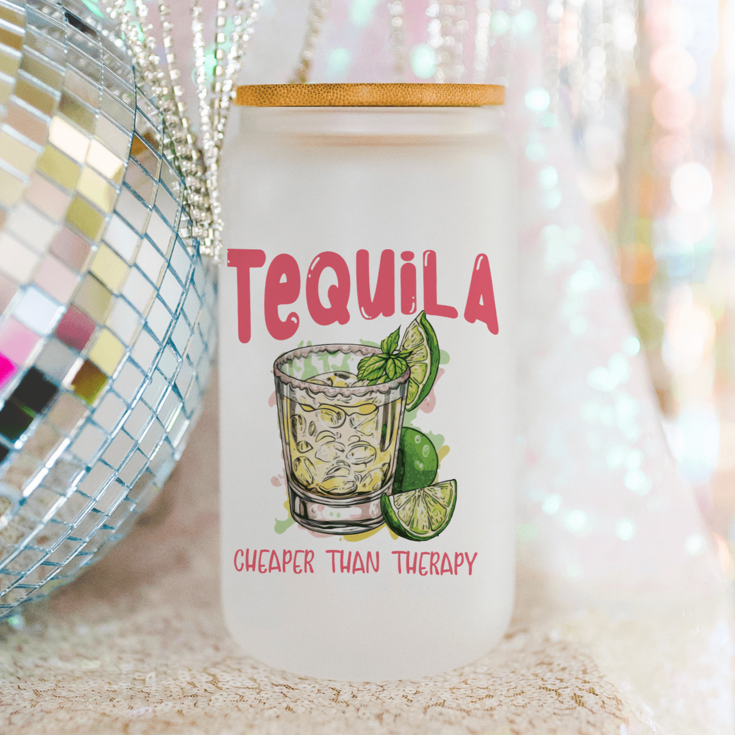 Humorous 'Tequila: Cheaper Than Therapy' 13 oz Frosted Libbey Glass Can