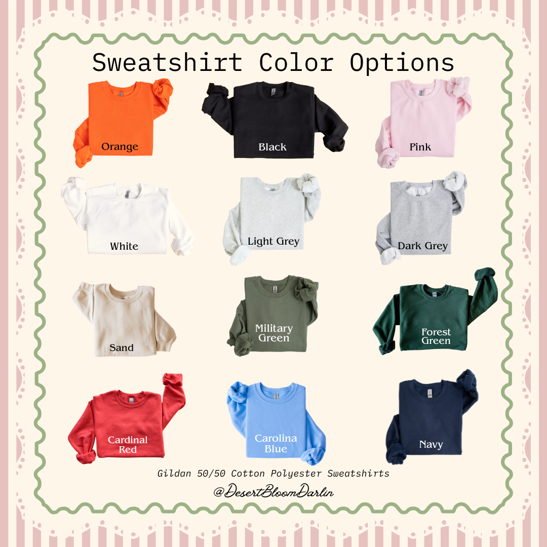 a collection of twelve different colored cotton polyester sweatshirts, each with a unique color and design.