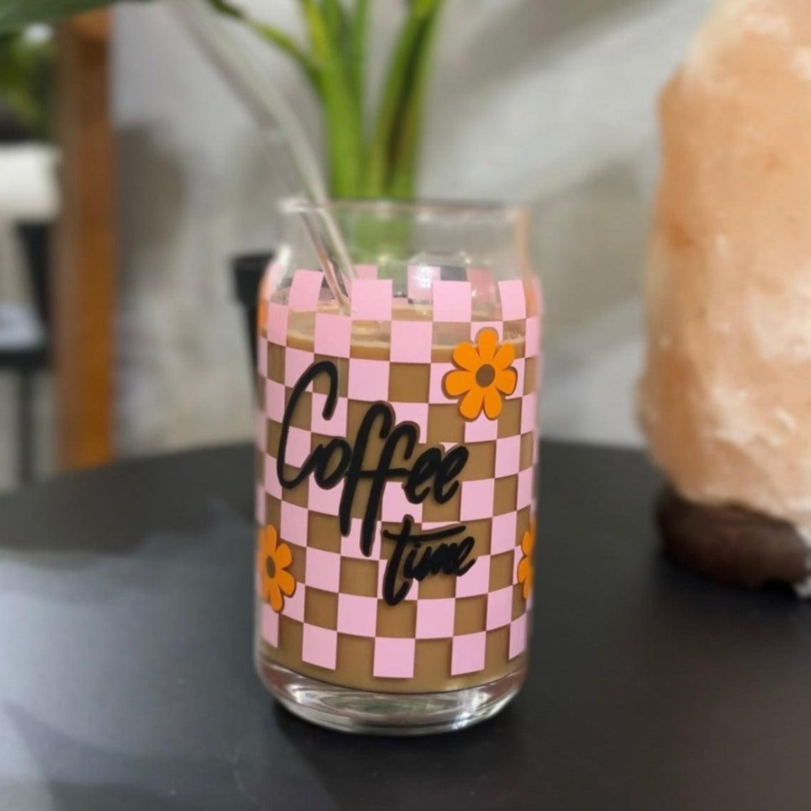 Floral pink checkered Coffee Time Libbey glass can