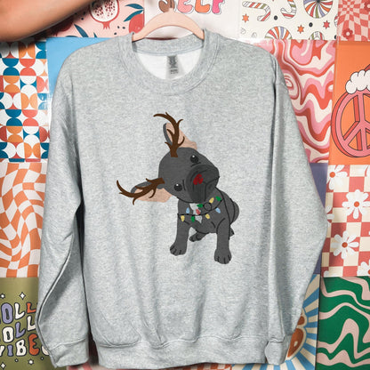 Holiday Frenchie with Antlers and Lights Sweatshirt