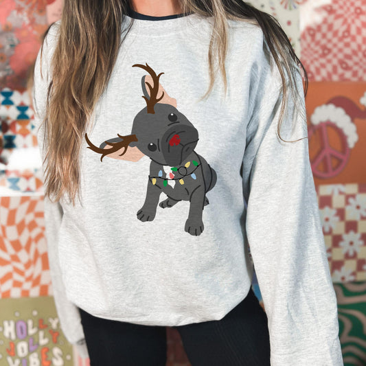 Holiday Frenchie with Antlers and Lights Sweatshirt