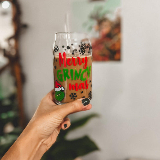 Merry Grinchmas 16 oz glass cup