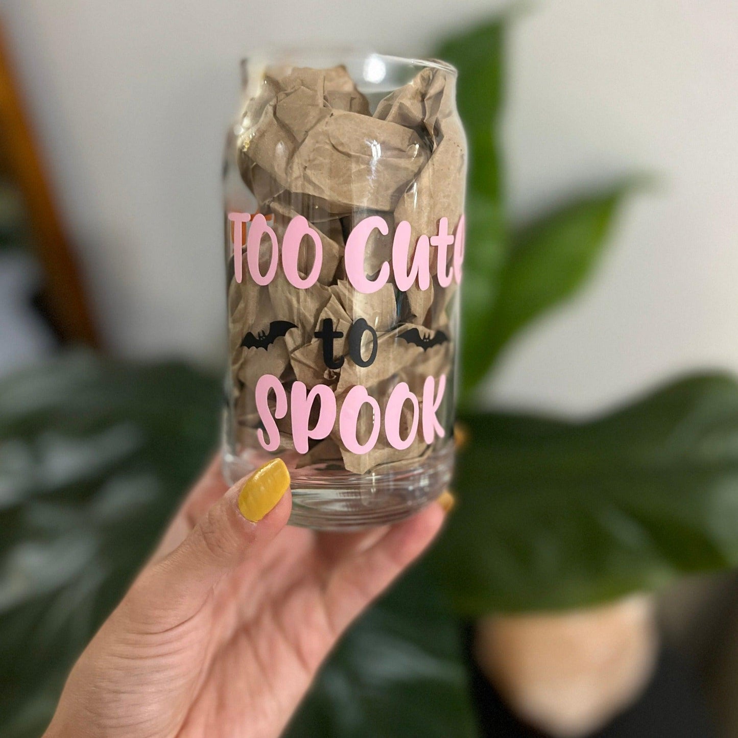 Too Cute to Spook bat Libbey glass can